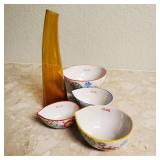 Ceramic Measuring Bowls and a Brown Glass Vase