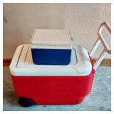 Red Rolling Cooler w/ Small Blue Cooler