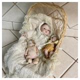 Porcelain Babies in Basket w/ Gingerbread Cloth