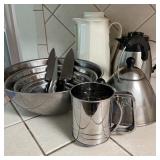 Lot of Stainless Bowls, Thermos Coffee Pot