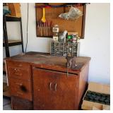 Workbench, Vise, Parts Bin, & Pegboard Contents