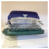 3 Baking Dishes, 2 Unbranded Raised Glass Pattern