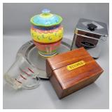 Retro Canister, Recipe Box, & Pewter Plate Lot