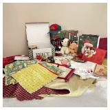 Lot of Christmas Linens, Ribbon, Bags