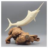 John Perry Blue Marlin Sculpture on Burl