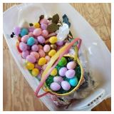 Clear Tote of Easter Decorations and Eggs