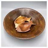 Wood Salad Bowl w/ 2 Small Fish Bowls