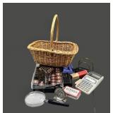 Basket w/ Batteries, Calculator, Tape Recorder,