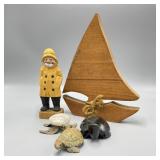 Turtles w/ Wood Sculpture Captain & Wood Sailboat