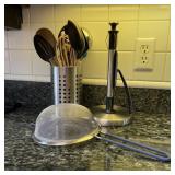 Lot of Utensils w/ Strainer & Paper Towel Holder