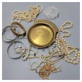 Vintage Jewelry Lot w/ Brass Small Change Dish Vintage Jewelry Lot w/ Brass Small Change Dish