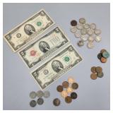 Lot of American Coins w/ Two Dollar Bills