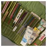 Lot of Knitting Needles in Green Rolled Bag