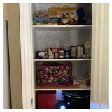 Assorted Storage Cabinet Goods w/Crock Pot Assorted Storage Cabinet Goods w/Crock Pot