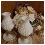 Lot of Handkerchiefs w/ Doll & Hobnail Lamp Pair Lot of Handkerchiefs w/ Doll & Hobnail Lamp Pair