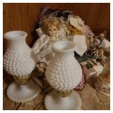 Lot of Handkerchiefs w/ Doll & Hobnail Lamp Pair