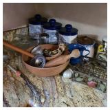 Lot of Kitchenware w/ Blue Canisters & Matches Lot of Kitchenware w/ Blue Canisters & Matches