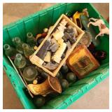 Green Tote w/ Bottles, Insulators, & Chess Pieces Green Tote w/ Bottles, Insulators, & Chess Pieces