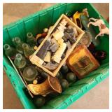 Green Tote w/ Bottles, Insulators, & Chess Pieces