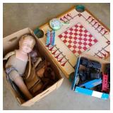 Vintage Carrom Gaming Board w/ Doll Box & Lionel Vintage Carrom Gaming Board w/ Doll Box & Lionel