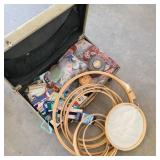 Vintage Suitcase of Sewing Notions w/ Hoops