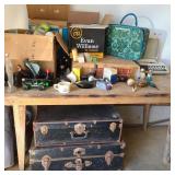 Old Pine Table, Trunks, & Boxes of Avon