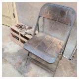 Wooden Box of Horseshoes w/ Metal Folding Chair Wooden Box of Horseshoes w/ Metal Folding Chair