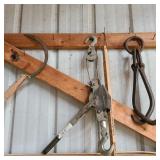 Ice Tongs, Come Along , & Small Scythe on Wall Ice Tongs, Come Along , & Small Scythe on Wall