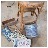Rustic Stool, Minnow Bucket, & License Plate Lot Rustic Stool, Minnow Bucket, & License Plate Lot