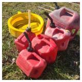 Lot of Fuel Cans w/ Yellow Oil Drain Pan Lot of Fuel Cans w/ Yellow Oil Drain Pan