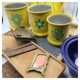 Box of Vintage w/ Washboard & Yellow Canisters Box of Vintage w/ Washboard & Yellow Canisters