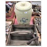 Wooden Carrier, Crock, Leather Cutter