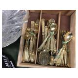 Jewelry Cabinet, Gold Flatware, Glass Bowls