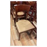 HEAVY WOODEN DINING CHAIRS, TAN VINYL SEAT