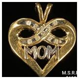 1.1 DWT 10 KT Gold Heart 'Mom' Pendant w/ Diamon 1.1 DWT 10 KT Gold Heart 'Mom' Pendant w/ Diamon