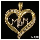 1.1 DWT 10 KT Gold Heart 'MOM' Pendant w/ Diamon 1.1 DWT 10 KT Gold Heart 'MOM' Pendant w/ Diamon