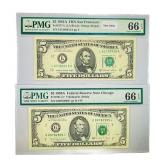 (2) 1981-1988 $5 Fed Reserve Notes PMG GEM UNC 66