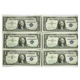 (6) 1957 A Consec $1 Silver Cert.'s