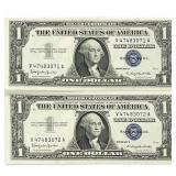 (2) 1957 B Consec $1 Silver Cert.'s