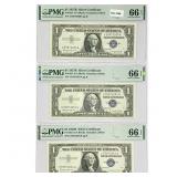 (3) 1957 B $1 Silver Cert.'s PMG GEM UNC66
