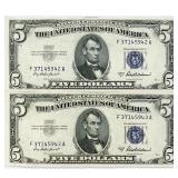 (2) 1953 A Consec $5 Silver Cert.'s