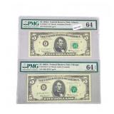 (2) 1963 & 1969 $5 Fed Reserves Notes PMG Ch UNC