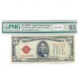 1928 D $5 Legal Tender Note PMG GEM UNC 65