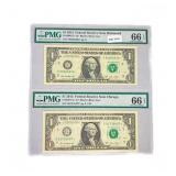 (2) 2013 Star $1 Fed Reserve Notes PMG GEM UNC 66