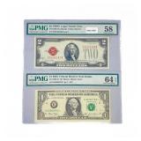 (2) 1928 & 2003 $2 & $1 Fed Reserve Notes PMG
