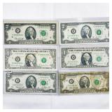 (6) Misc $1 & $2 Fed. Reserve Notes