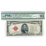 1928 B $5 Legal Tender Note PMG GEM UNC 65