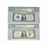 (2) 1928-1957 $1 Silver Cert.'s PMG Ch UNC 63-64