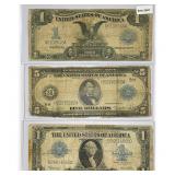 (3) LG $1 Silver Cert & LG $5 Fed Reserve Note