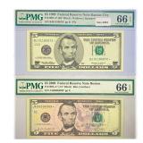 (2) 1999 & 2009 Star $5 Fed Reserve Notes PMG GEM